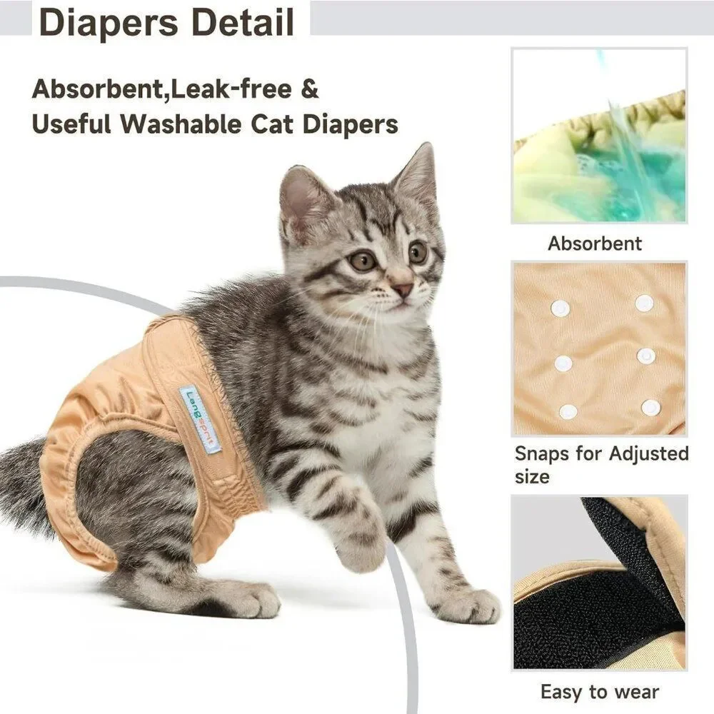 Langsprit Reusable Cat Diapers for Female and Male Washable Sz M Waist 12
